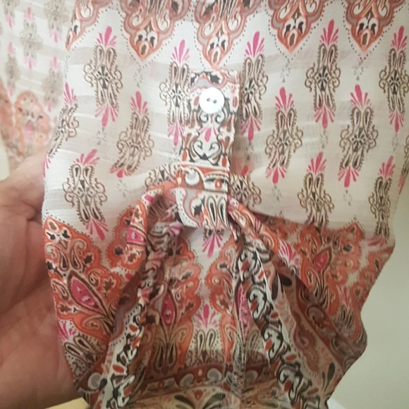 Chico's sheer 3/4 sleeve Mandarin collar Bohemian print vee tie neck top SZ 2X - Picture 3 of 7